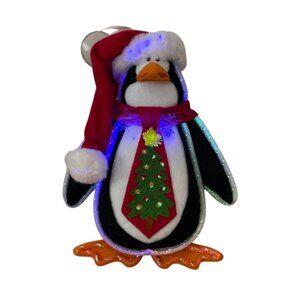 Fiber Optic Christmas Penguin Felt Lighted w Santa Hat Tree Window Hanger VIDEO